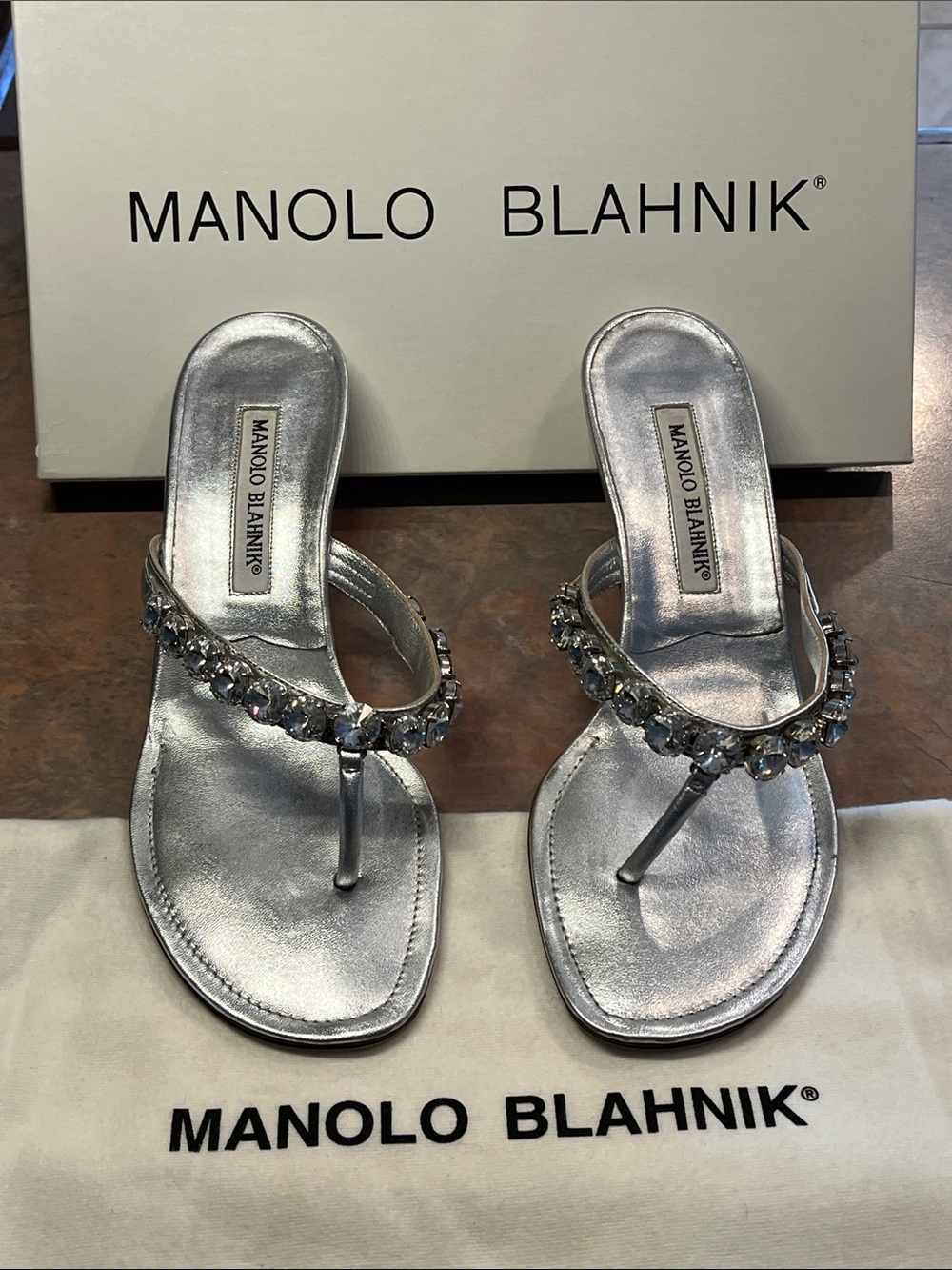 Manolo Blahnik Silver Crystal-Embellished Kitten Thong Sandals